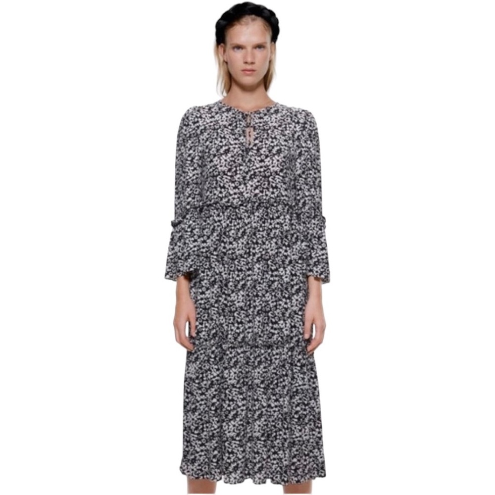 Zara Black And White Floral Boho Tiered Midi Dress